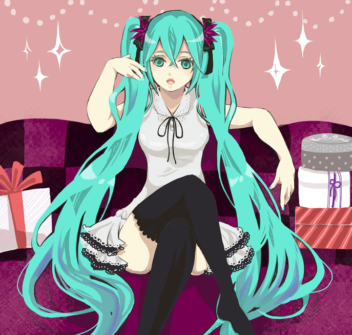sakuragi kei, hatsune miku, vocaloid, world is mine (vocaloid), bad id, bad pixiv id, aqua eyes, aqua hair, crossed legs, dress, gift, long hair, sitting, solo, thighhighs, twintails, very long hair
