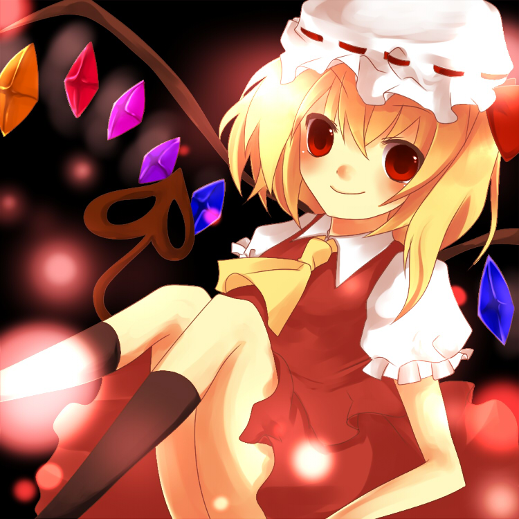 ia (artist), ia (carat), flandre scarlet, touhou, bad id, bad pixiv id, 1girl, blonde hair, blouse, collared shirt, female focus, hair between eyes, hat, mob cap, red eyes, shirt, short hair, solo, white hat, white shirt, wings