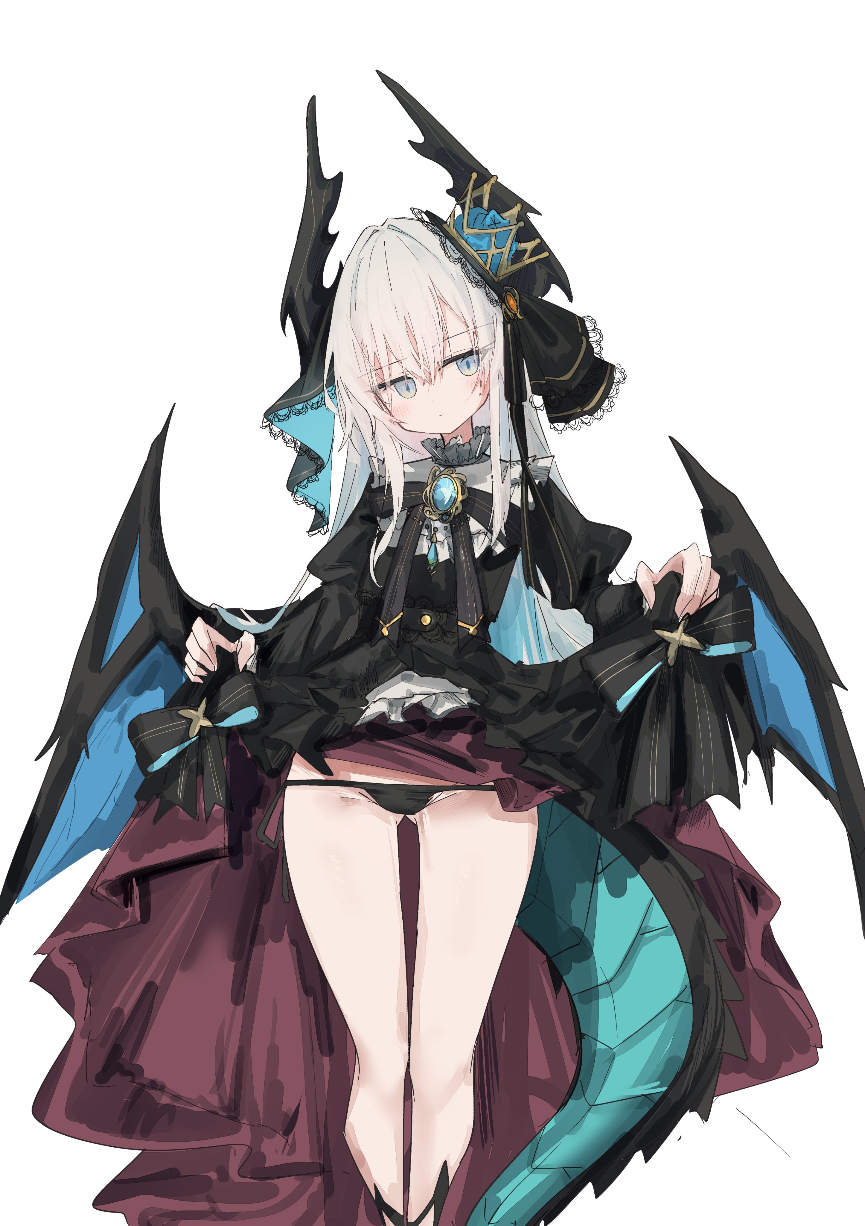 xuhito (kyoukonohito0), twinkle star knights, absurdres, commentary request, highres, variant set, 1girl, :t, artist name, bare legs, bib collar, black dress, black horns, black panties, black ribbon, blue eyes, blue gemstone, blue tail, blue wings, brooch, closed mouth, clothes lift, crown, dragon girl, dragon horns, dragon tail, dragon wings, dress, dress lift, expressionless, feet out of frame, flashing, frilled shirt collar, frills, gem, gluteal fold, gothic lolita, high-low dress, horns, jewelry, jitome, juliet sleeves, lace trim, large horns, liber (twinkle star knights), lifting own clothes, light blush, lolita fashion, long hair, long sleeves, looking at viewer, lowleg, lowleg panties, mini crown, neck ribbon, panties, pear-shaped figure, petite, pout, puffy sleeves, red dress, ribbon, simple background, slit pupils, solo, standing, tail, thigh gap, twitter username, two-tone dress, underwear, white background, white hair, wings