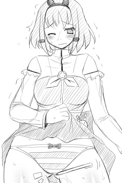 utamaro, blush, clothes lift, elbow gloves, gloves, greyscale, monochrome, panties, short hair, skirt, skirt lift, solo, striped clothes, striped panties, stylus, sweat, trembling, underwear