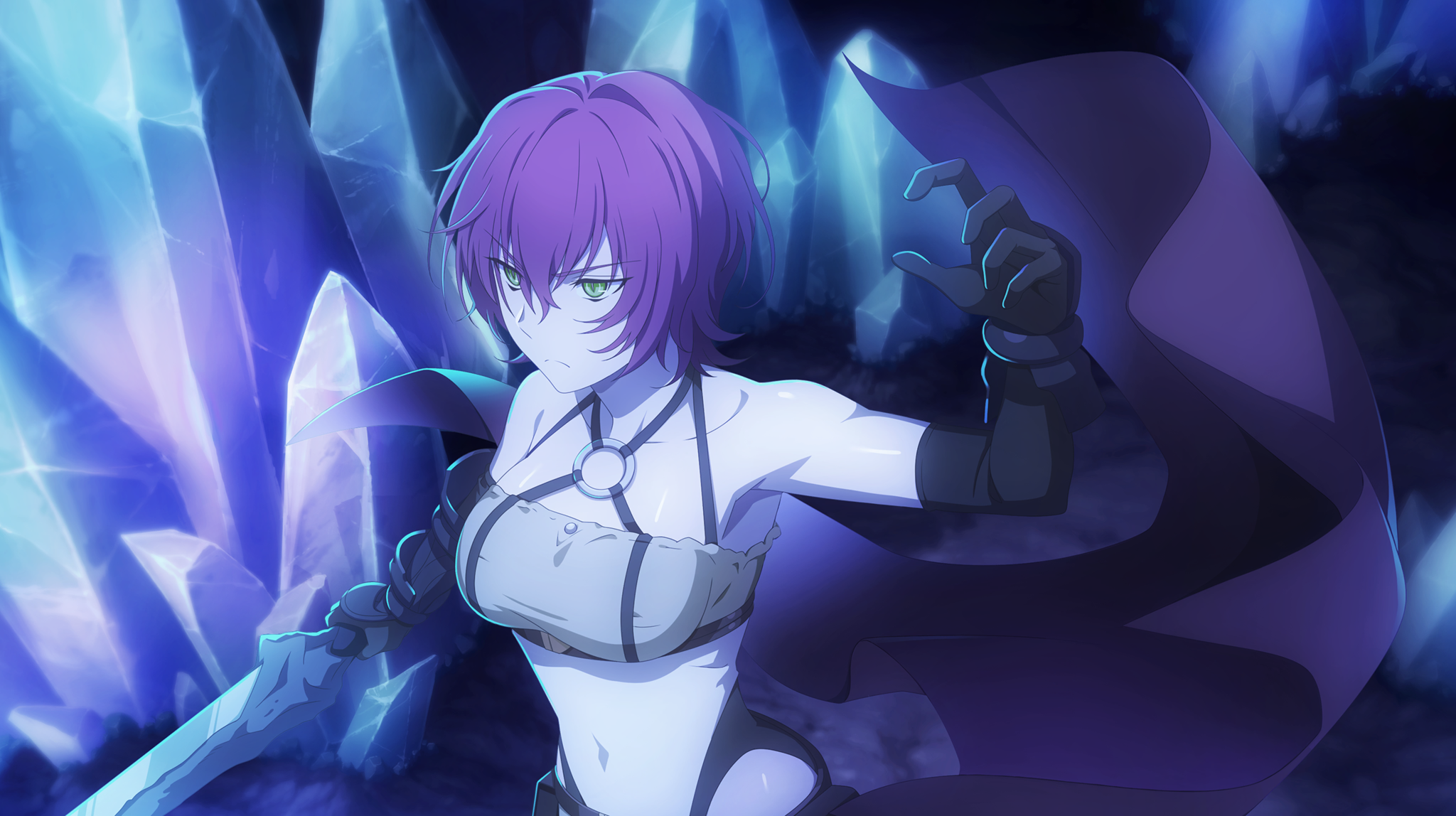 danmachi battle chronicle, dungeon ni deai wo motomeru no wa machigatteiru darou ka, game cg, highres, non-web source, official art, 1girl, anime coloring, bare shoulders, black gloves, breasts, cloak, closed mouth, covered navel, crystal, elbow gloves, frown, gloves, green eyes, halter leotard, halterneck, hand up, holding, holding sword, holding weapon, large breasts, leotard, purple cloak, red hair, revis (sword oratoria), serious, short hair, slit pupils, solo, sword, unworn cloak, unworn clothes, weapon, white leotard