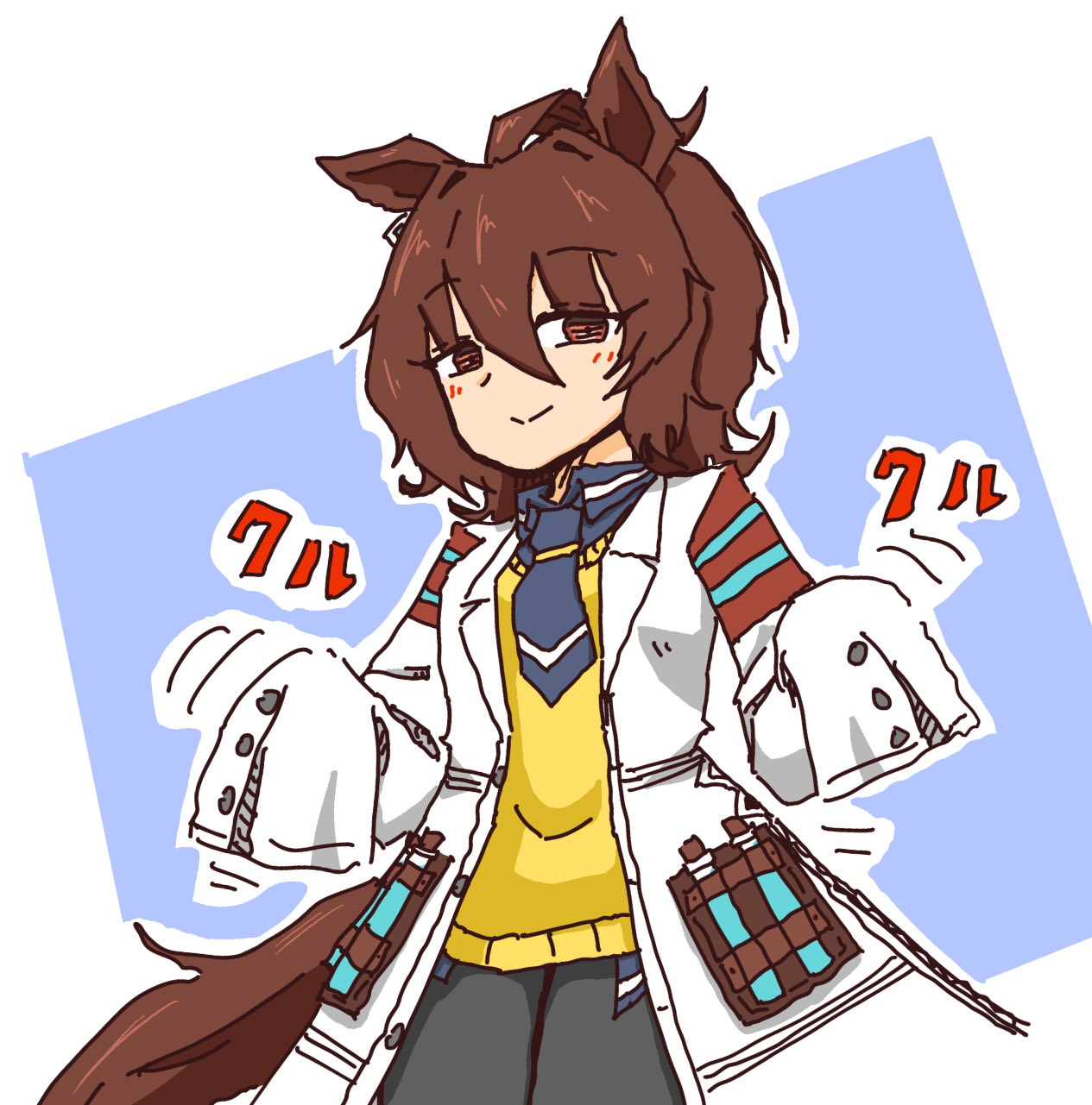 agnes tachyon (tach-nology) (umamusume), agnes tachyon (umamusume), umamusume, umamusume: beginning of a new era, highres, 0840gannbru, ahoge, animal ears, chemical structure, earrings, horse ears, horse girl, horse tail, huge ahoge, jewelry, lab coat, necktie, short necktie, single earring, sleeves past fingers, sleeves past wrists, sweater, sweater vest, tail, test tube, wolf cut, yellow sweater, yellow sweater vest