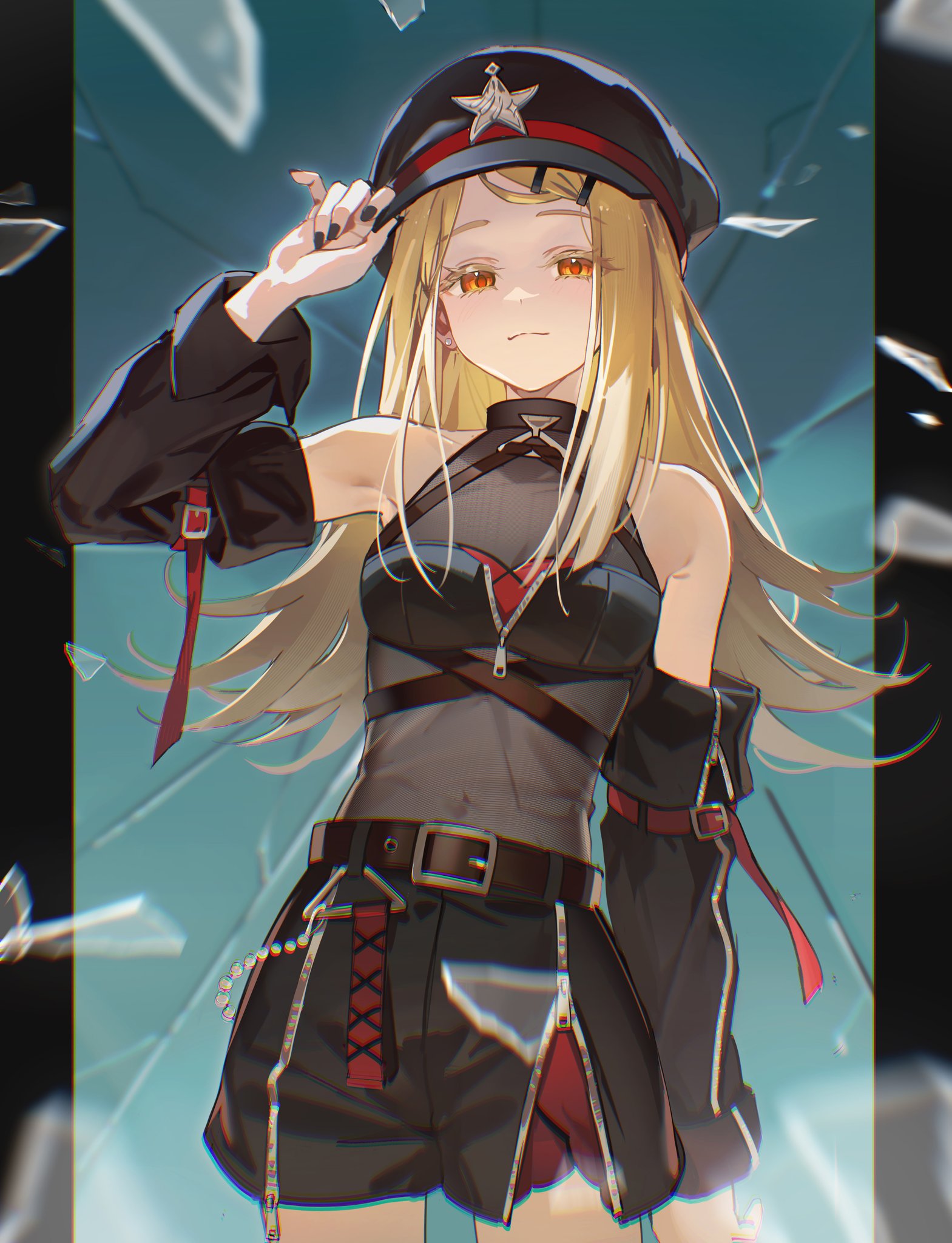 kitk qun, shinosawa hiro, gakuen idolmaster, idolmaster, hashtag-only commentary, highres, 1girl, adjusting clothes, adjusting headwear, aqua background, arm belt, belt, belt buckle, black belt, black bra, black hat, black nails, black sleeves, blonde hair, blurry, blurry foreground, bra, breasts, broken glass, buckle, closed mouth, colored eyelashes, cowboy shot, detached sleeves, earrings, fingernails, flipped hair, glass, glass shards, gradient hair, grey hair, hair ornament, hairclip, halterneck, hand up, hat, jewelry, long hair, long sleeves, multicolored hair, nail polish, orange eyes, outside border, parallel hairclips, parted bangs, peaked cap, pillarboxed, red belt, see-through clothes, see-through shirt, shards, shirt, shorts, sleeveless, sleeveless shirt, small breasts, solo, stud earrings, underwear, zipper, zipper pull tab