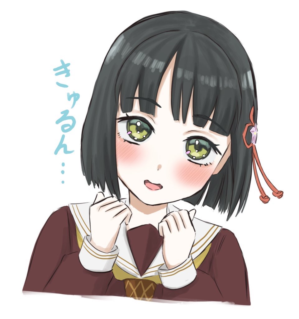 ponyou1030, momose ginko, link! like! love live!, love live!, commentary request, 1girl, :d, black hair, blunt bangs, blunt ends, blush, bob cut, clenched hands, flower, flower knot, green eyes, hair flower, hair ornament, hasu no sora school uniform, long sleeves, looking at viewer, neckerchief, open mouth, pink flower, sailor collar, school uniform, short hair, smile, solo, virtual youtuber, white sailor collar, winter uniform, yellow neckerchief