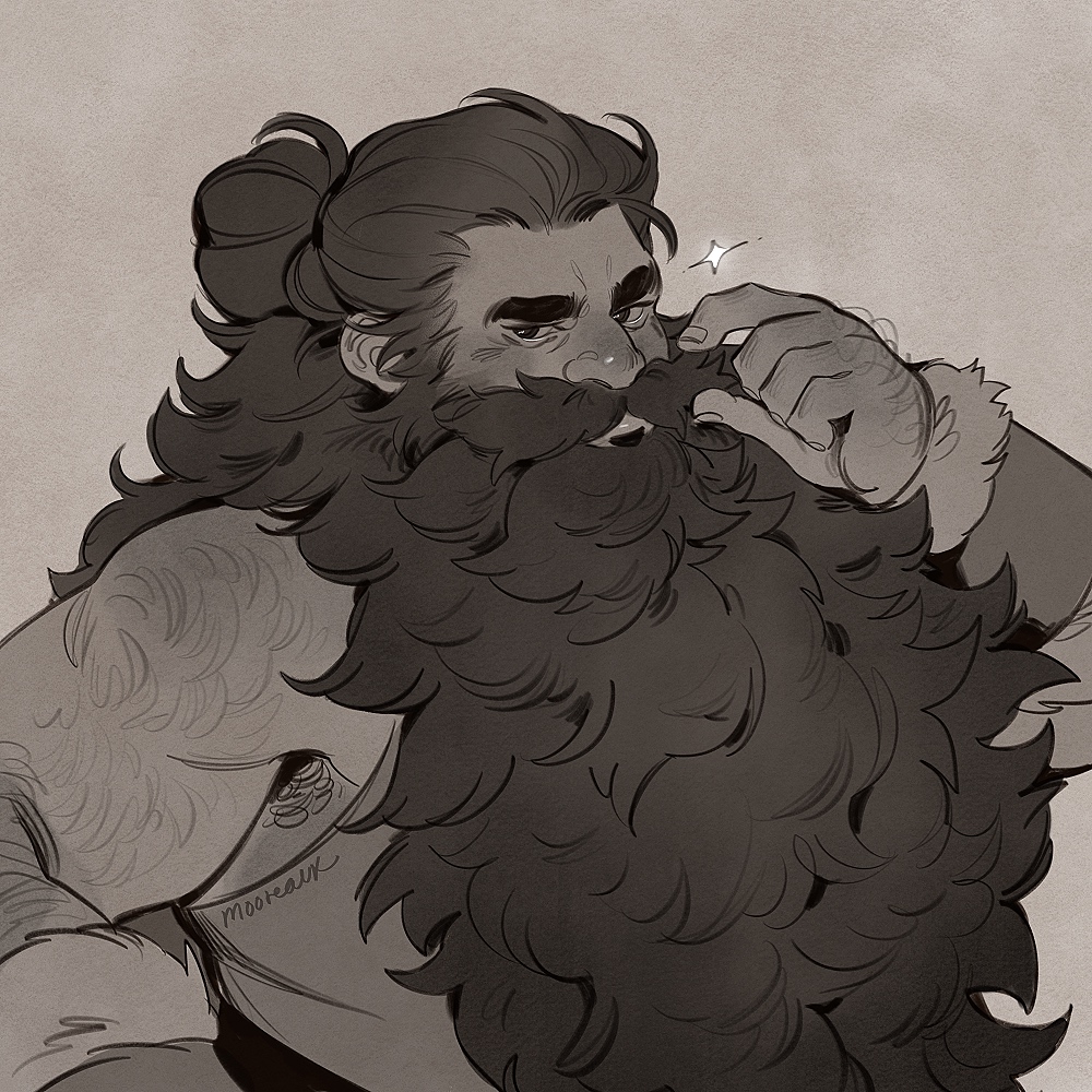 mooreaux, senshi (dungeon meshi), dungeon meshi, 1boy, armpit hair, armpit hair peek, bara, beard, beard over mouth, dwarf, facial hair, greyscale, hair bun, hairy, looking at viewer, male focus, monochrome, muscular, muscular male, simple background, solo, sparkle, thick arm hair, thick back hair, thick beard, thick eyebrows, tsurime, twirling mustache, very hairy