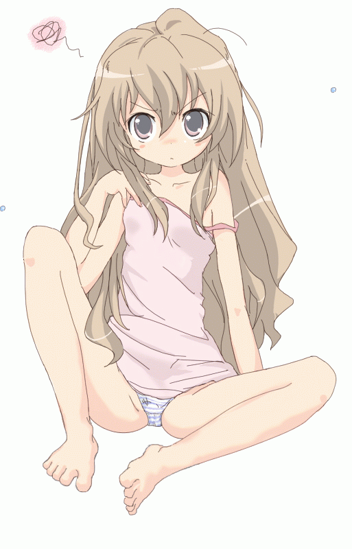 core (mayomayo), aisaka taiga, toradora!, animated, animated gif, nude filter, third-party edit, 00s, 1girl, anus, barefoot, blush, breasts, brown hair, camisole, feet, female focus, flat chest, hair between eyes, legs, loli, long hair, looking at viewer, messy hair, navel, nipples, nude, open mouth, panties, purple eyes, pussy, sitting, solo, spread toes, strap slip, striped clothes, striped panties, toes, uncensored, underwear, undressing