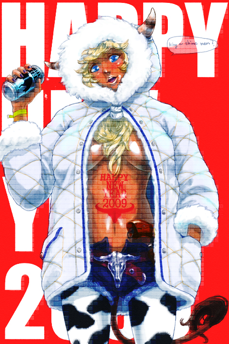 ozawa tomohiro, original, bad id, bad pixiv id, 00s, 1girl, 2009, animal print, blonde hair, blue eyes, cow print, female focus, ganguro, gun, gyaru, hood, horns, long hair, midriff, new year, solo, weapon