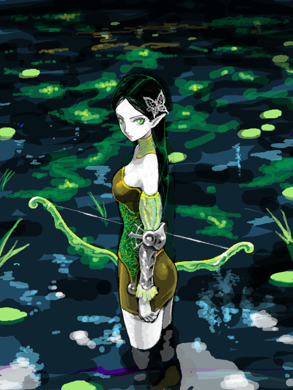 ozawa tomohiro, original, bad drawr id, bad id, arms at sides, black hair, bow (weapon), detached collar, drawr, elf, from side, green eyes, green theme, oekaki, pointy ears, solo, standing, wading, water, weapon