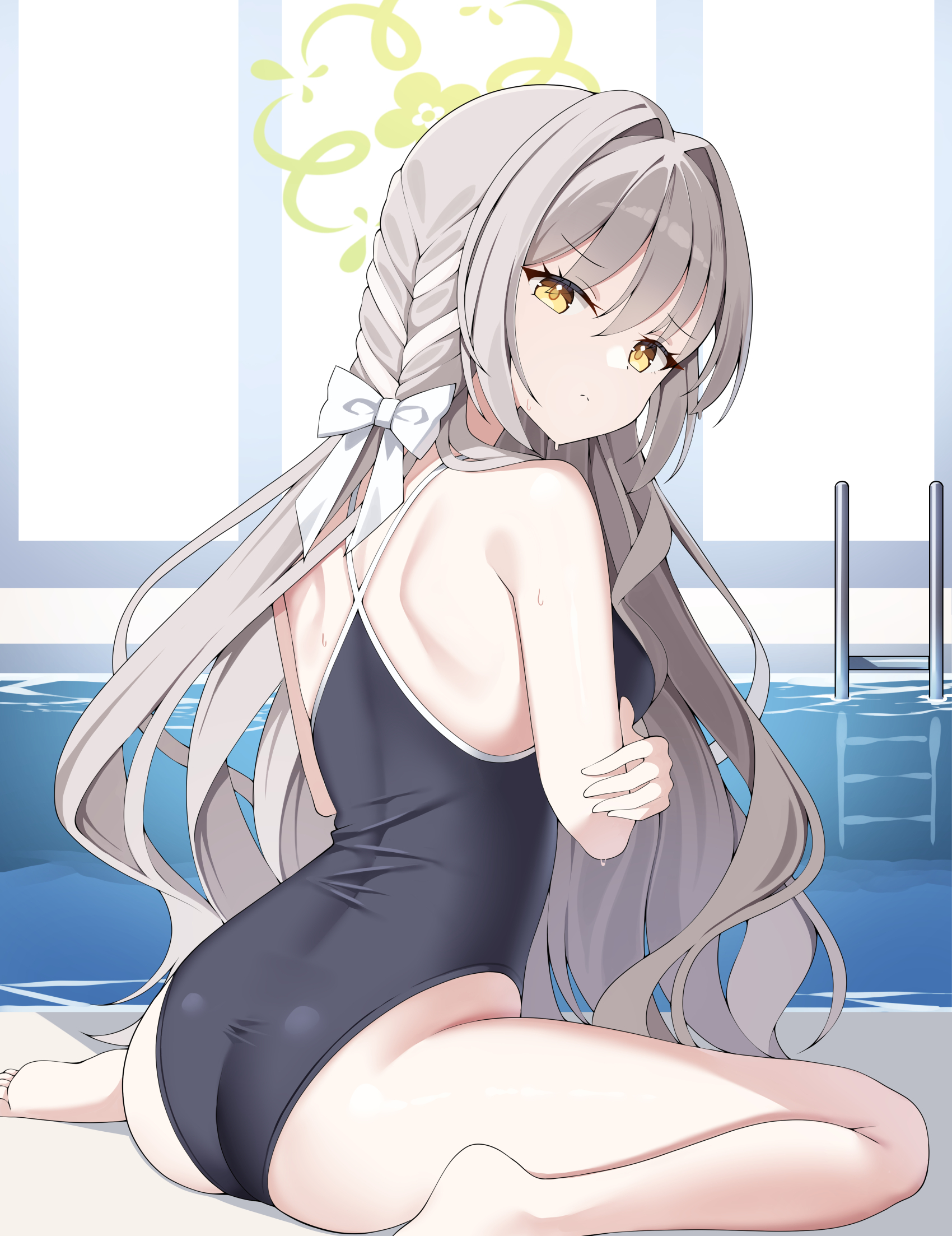 sob (submar1089), miyo (blue archive), blue archive, highres, 1girl, alternate costume, back, black one-piece swimsuit, closed mouth, from behind, green halo, grey hair, halo, long hair, looking at viewer, one-piece swimsuit, pool, sitting, solo, swimsuit, yellow eyes