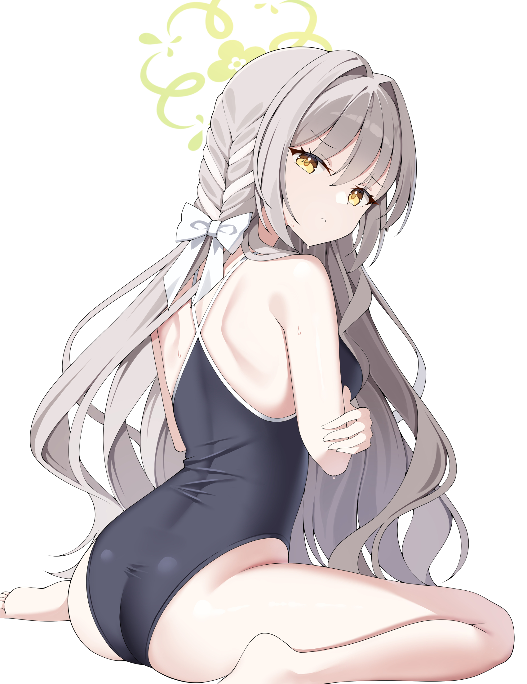sob (submar1089), miyo (blue archive), blue archive, highres, 1girl, alternate costume, back, black one-piece swimsuit, closed mouth, from behind, green halo, grey hair, halo, long hair, looking at viewer, one-piece swimsuit, simple background, sitting, solo, swimsuit, white background, yellow eyes