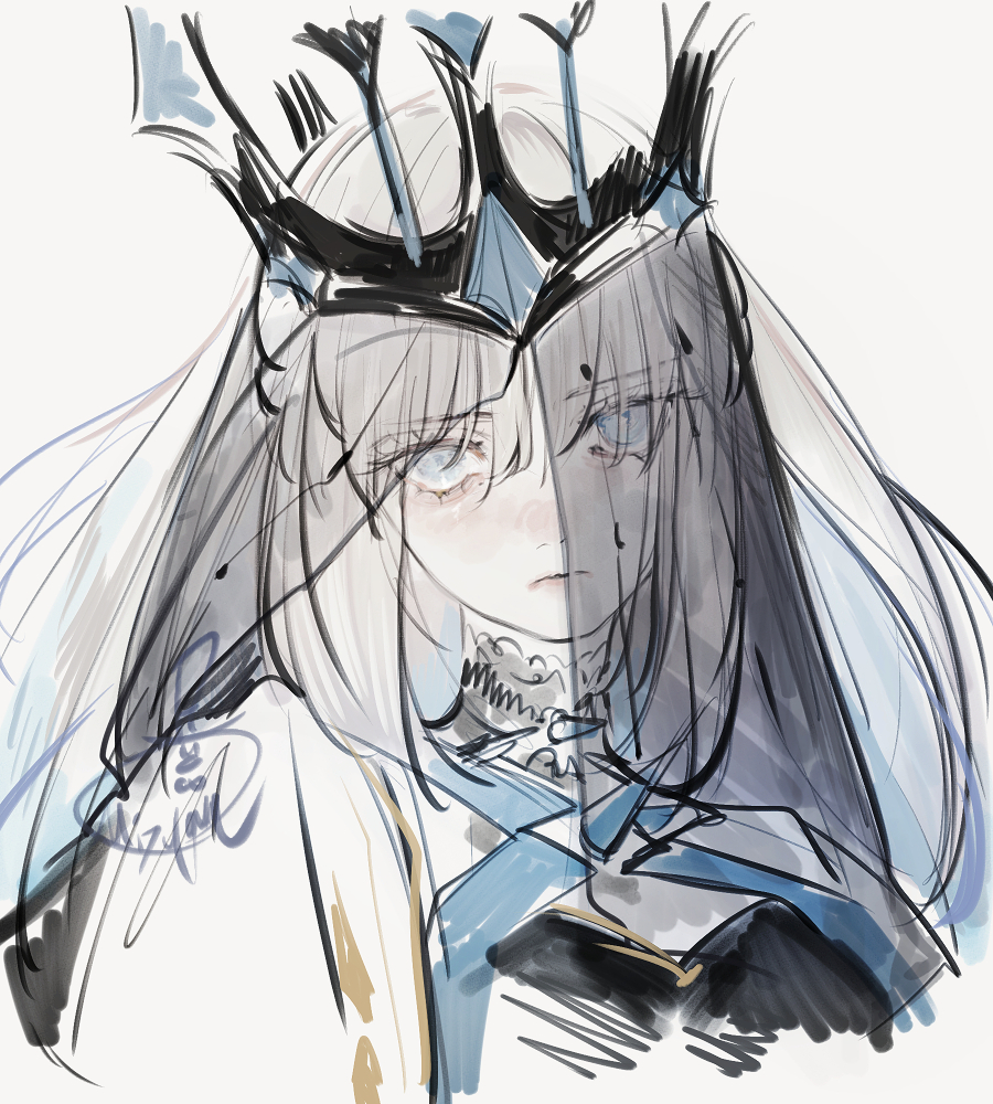 mizutame tori, morgan le fay (fate), morgan le fay (queen of winter) (fate), fate/grand order, fate (series), 1girl, blue eyes, crown, long hair, looking at viewer, side ponytail, simple background, solo, spikes, veil, very long hair, white background, white hair
