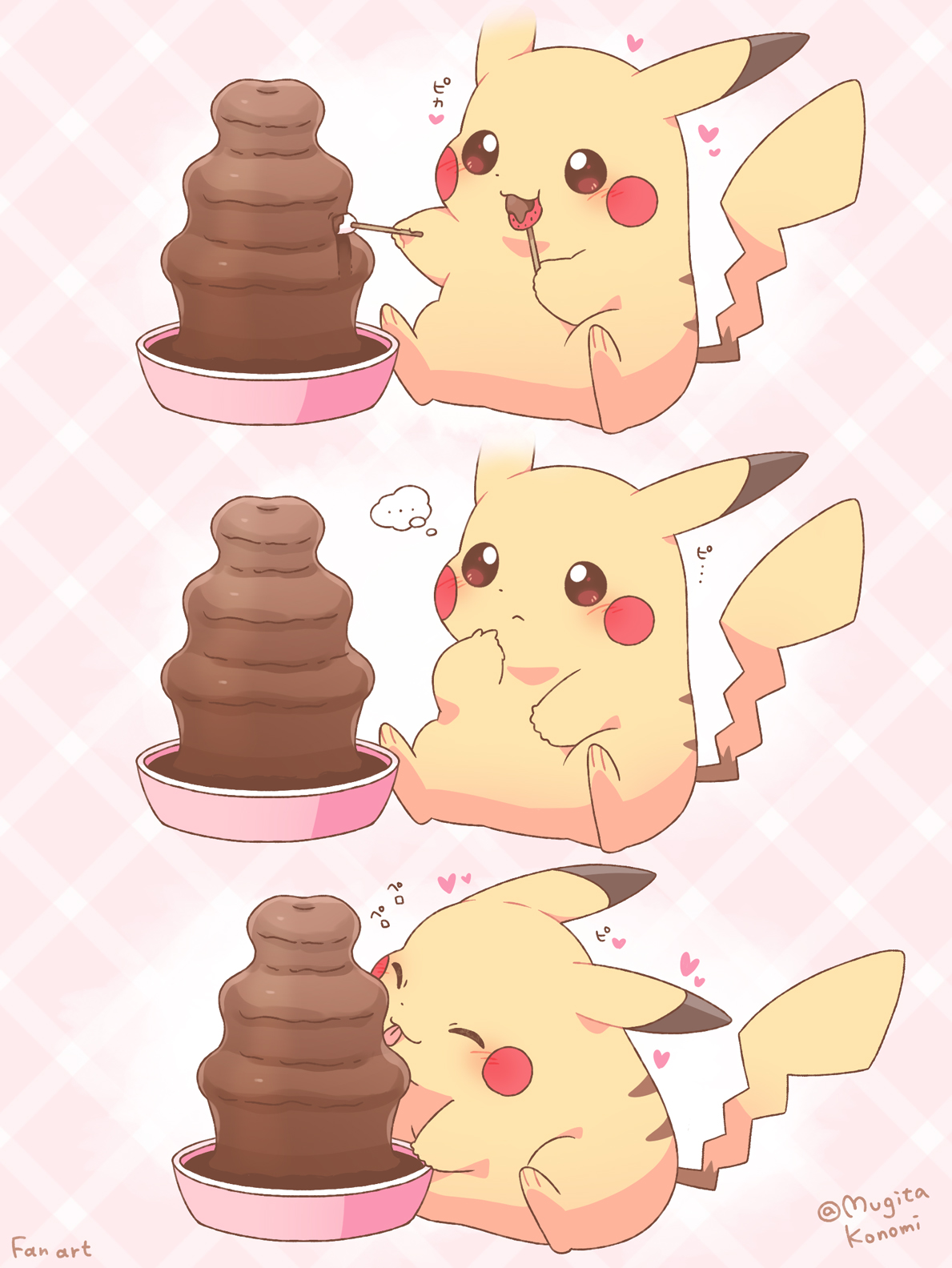 mugita konomi, pikachu, nintendo, pokemon, commentary request, highres, …, artist name, blush, brown eyes, chocolate-covered food, chocolate fondue, chocolate fountain, chocolate strawberry, closed eyes, eating, food, fruit, gen 1 pokemon, heart, licking, marshmallow, no humans, pink background, pokemon (creature), sitting, speech bubble, spoken ellipsis, strawberry, thought bubble, tongue, tongue out