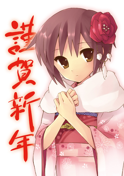hijiki (hijikini), hijikini, nagato yuki, suzumiya haruhi no yuuutsu, silver hair, 00s, 1girl, brown eyes, female focus, flower, japanese clothes, new year, short hair, solo