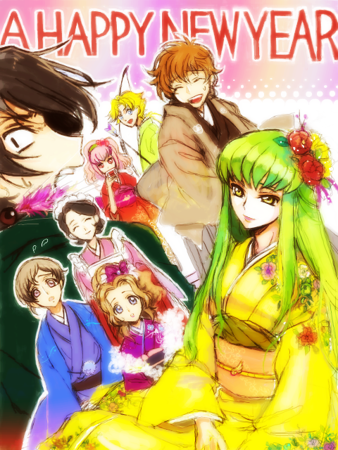 magukappu, rahit, anya alstreim, c.c., gino weinberg, kururugi suzaku, lelouch vi britannia, nunnally vi britannia, rolo lamperouge, shinozaki sayoko, code geass, 00s, 3boys, 4girls, bow (weapon), brown hair, green hair, happy new year, japanese clothes, kimono, long hair, multiple boys, multiple girls, new year, weapon, yellow eyes