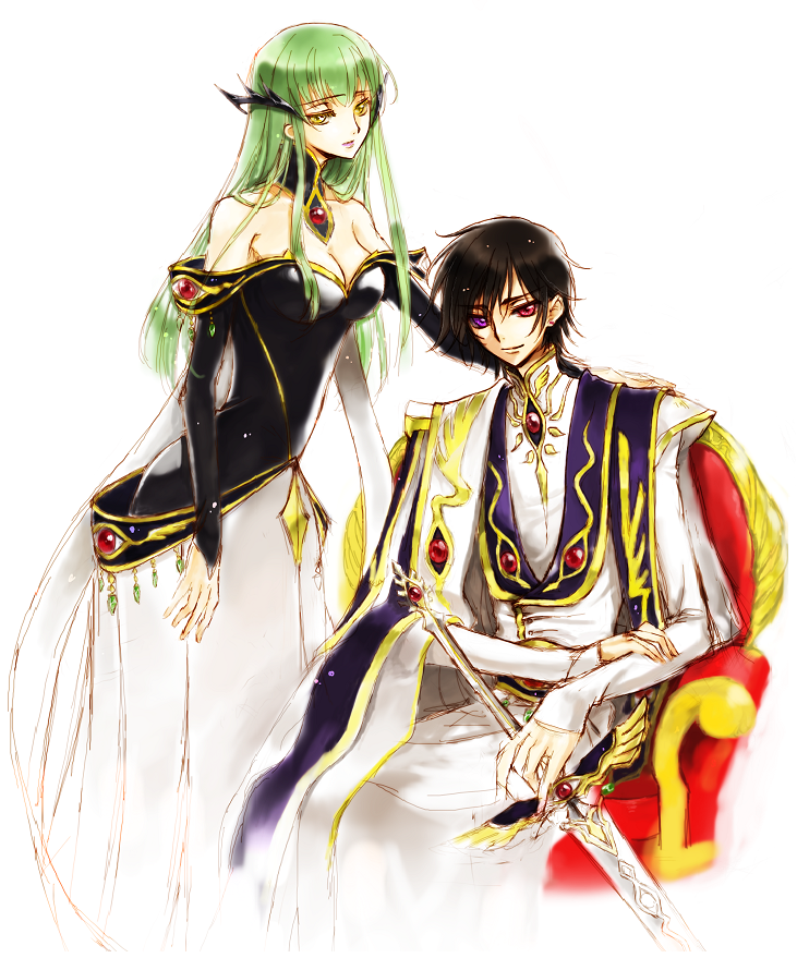 magukappu, rahit, c.c., lelouch vi britannia, code geass, 00s, 1boy, 1girl, black hair, breasts, cleavage, dress, formal clothes, geass, green hair, heterochromia, large breasts, long hair, short hair, sword, weapon, yellow eyes