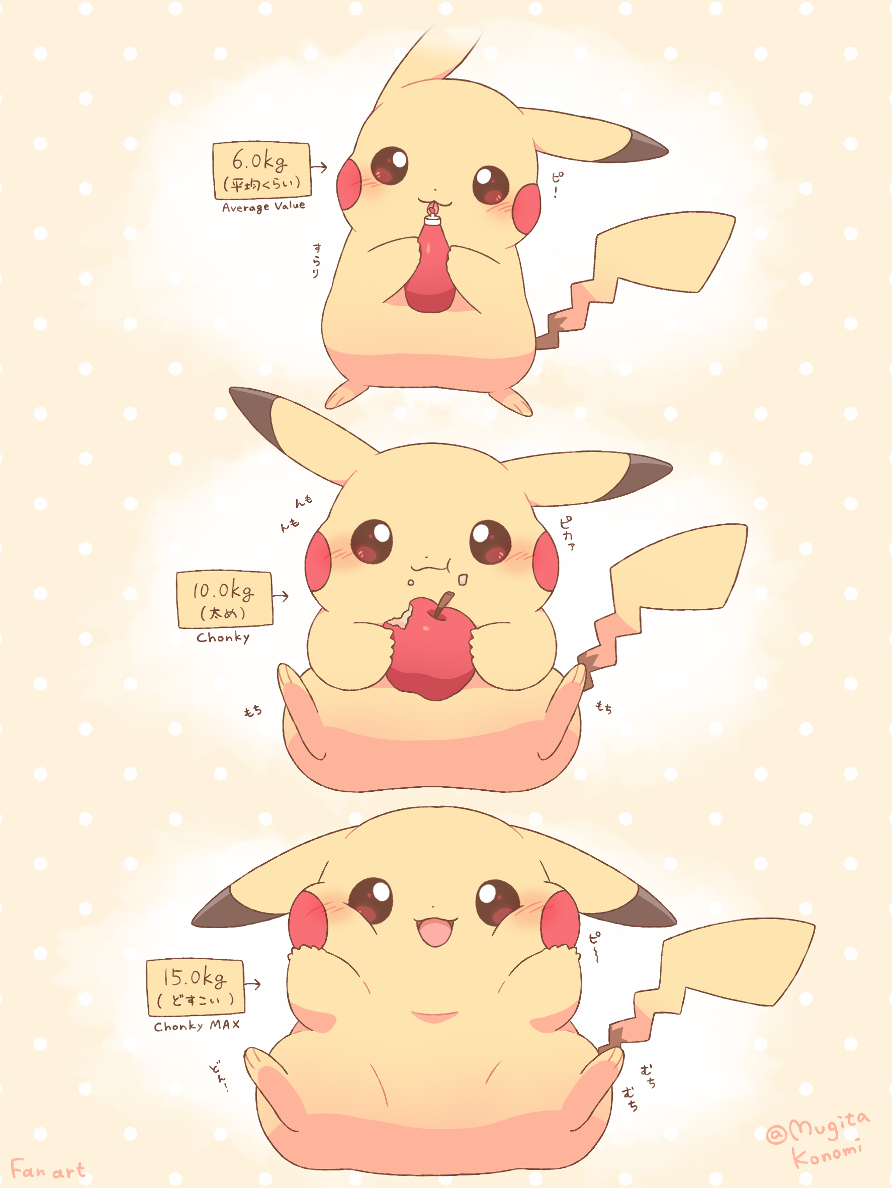 mugita konomi, pikachu, nintendo, pokemon, commentary request, highres, :3, :d, apple, arrow (symbol), artist name, blush, brown eyes, closed mouth, eating, fat, fat pikachu, food, fruit, gen 1 pokemon, ketchup bottle, licking, no humans, open mouth, pokemon (creature), polka dot, polka dot background, smile, tongue, tongue out, weight, weight gain, yellow background