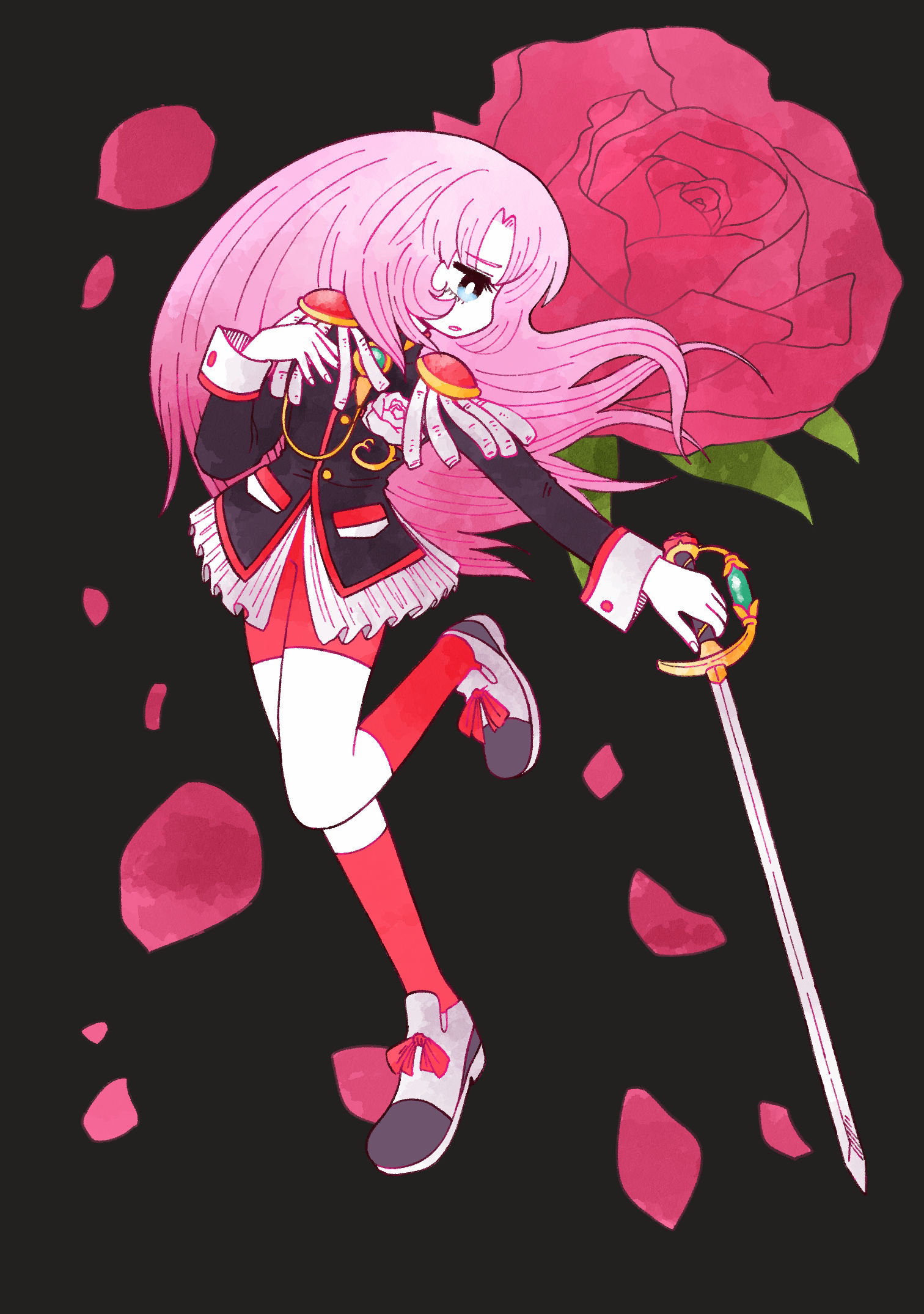tenjou utena, shoujo kakumei utena, commentary request, highres, 1girl, black jacket, blue eyes, bright pupils, flower, frogshu, full body, grey shoes, jacket, long hair, long sleeves, petals, pink hair, red flower, red rose, red shorts, red socks, rose, shoes, shorts, shoulder pads, socks, solo, very long hair, white pupils