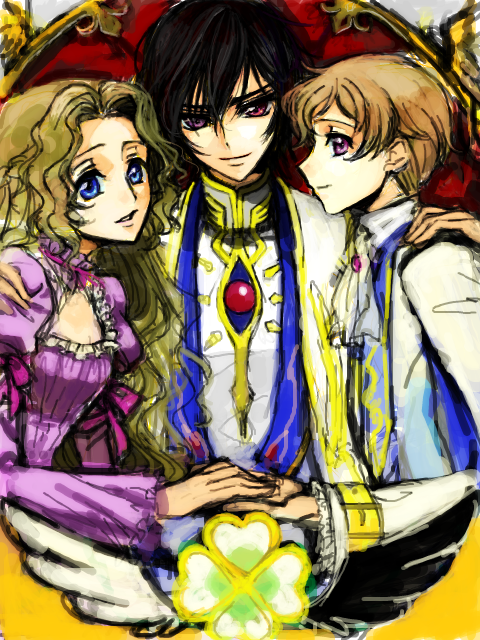magukappu, rahit, lelouch vi britannia, nunnally vi britannia, rolo lamperouge, code geass, bad id, bad pixiv id, 00s, 1girl, 2boys, black hair, blue eyes, brown hair, geass, heterochromia, long hair, multiple boys, purple eyes, short hair, siblings