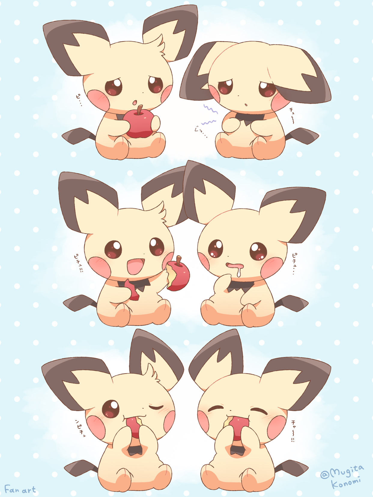 mugita konomi, pichu, nintendo, pokemon, commentary request, highres, :d, apple, artist name, blue background, blush, closed eyes, drooling, eating, food, fruit, gen 2 pokemon, holding, holding food, no humans, open mouth, pokemon (creature), polka dot, polka dot background, red eyes, sharing, smile, stomach growling