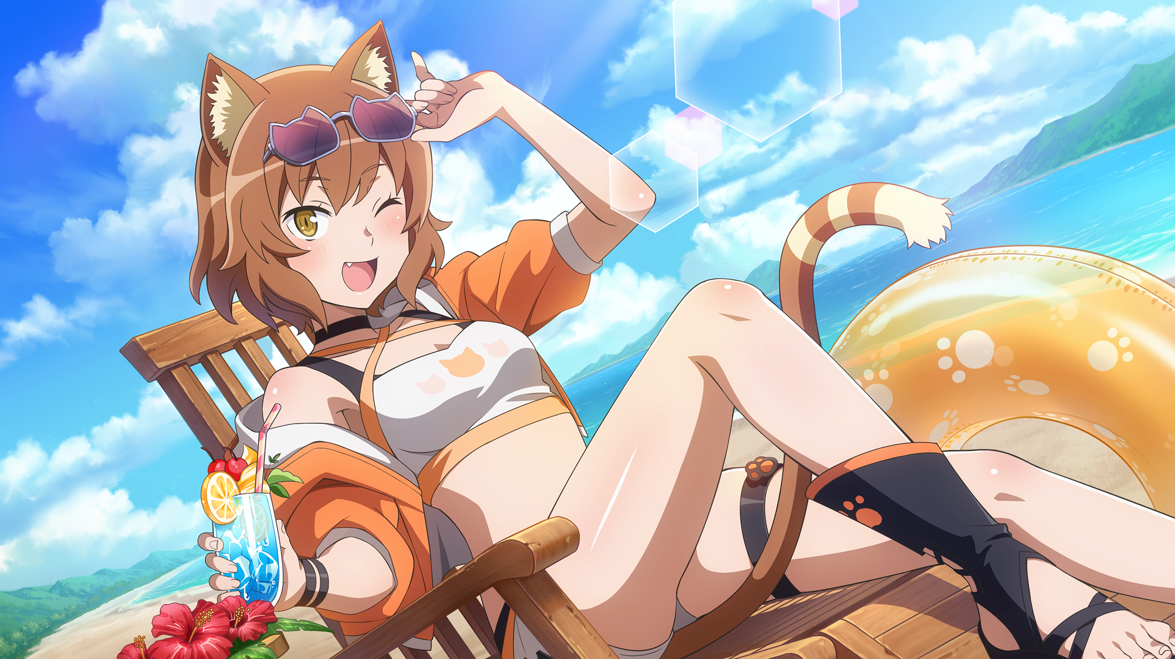 danmachi battle chronicle, dungeon ni deai wo motomeru no wa machigatteiru darou ka, game cg, highres, non-web source, official art, 1girl, :d, adjusting eyewear, animal-themed eyewear, animal ear fluff, animal ears, anime coloring, anya fromel, beach, bikini, bikini shorts, black boots, black choker, blue sky, boots, breasts, brown eyes, brown hair, cat ears, cat girl, cat tail, chair, cherry, choker, criss-cross halter, cropped jacket, cup, drinking glass, drinking straw, eyewear on head, fang, flower, food, fruit, halterneck, hand on eyewear, hand up, hibiscus, holding, holding cup, ice, ice cube, innertube, jacket, knee up, lemon, lemon slice, looking at viewer, medium breasts, ocean, official alternate costume, on chair, one eye closed, open mouth, orange innertube, orange jacket, outdoors, print innertube, purple-tinted eyewear, red flower, short hair, shorts, single bare shoulder, sitting, sky, smile, solo, stomach, sunglasses, swim ring, swimsuit, tail, tinted eyewear, tropical drink, white bikini, wooden chair