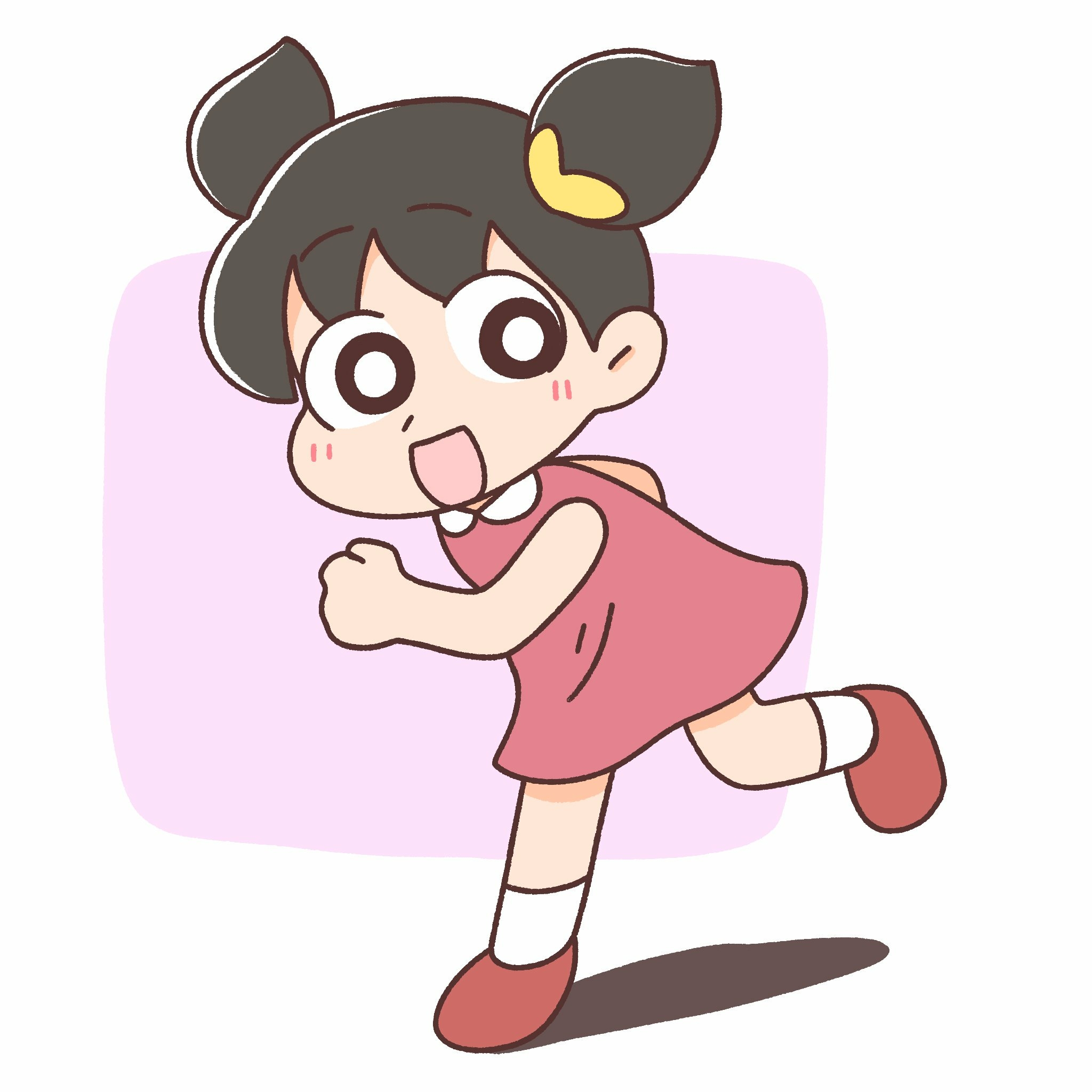hamano asari, asari-chan, commentary request, highres, 1girl, black hair, blush, bright pupils, dress, frogshu, full body, looking at viewer, open mouth, pink dress, pink shoes, running, shadow, shoes, short hair, sleeveless, sleeveless dress, socks, solo, twintails, white pupils, white socks