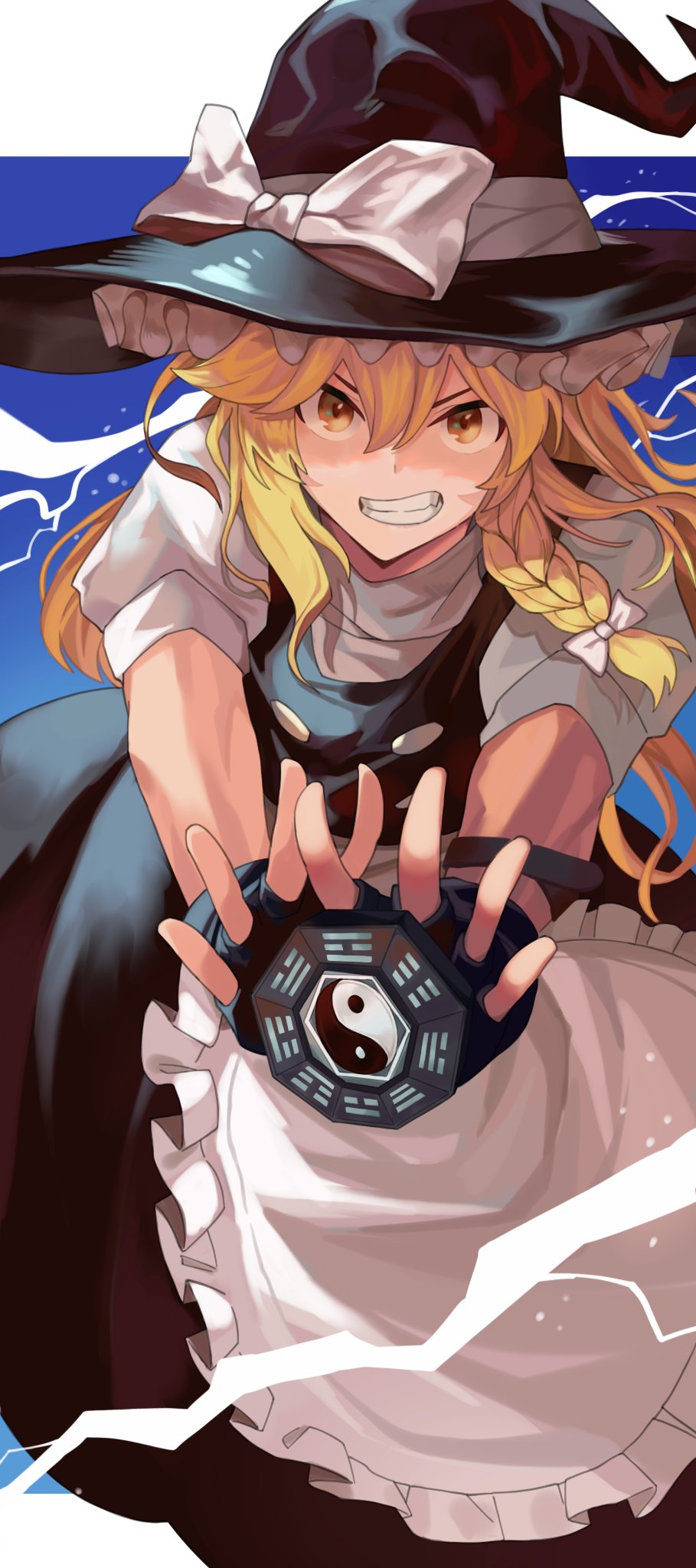 onionmay, kirisame marisa, touhou, highres, 1girl, apron, black gloves, black skirt, black vest, blonde hair, bow, braid, fingerless gloves, frilled hat, frills, gloves, hat, hat bow, mini-hakkero, puffy sleeves, shirt, short sleeves, side braid, single braid, skirt, smile, sweater, turtleneck, turtleneck sweater, vest, waist apron, white bow, white shirt, witch hat, yellow eyes, yin yang