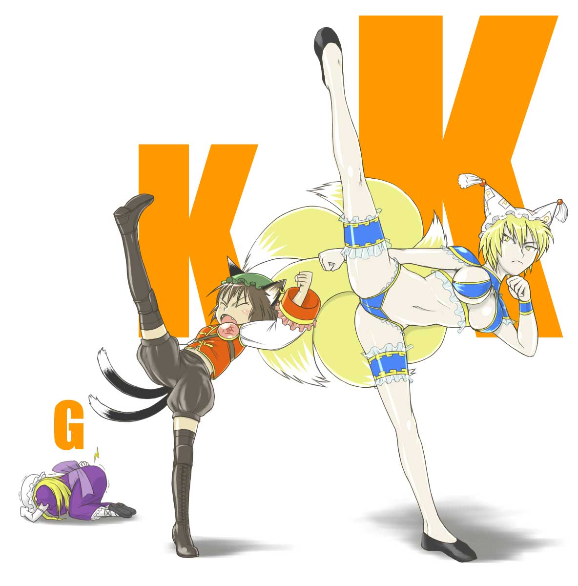 leex, chen, yakumo ran, yakumo yukari, touhou, highres, 3girls, animal ears, animal hat, blonde hair, breasts, cat ears, cat girl, cat tail, female focus, fox tail, hat, high kick, kicking, large breasts, long sleeves, mob cap, multiple girls, multiple tails, short hair, tail, tassel, thighhighs, white background, wide sleeves, wrestling outfit, yellow eyes