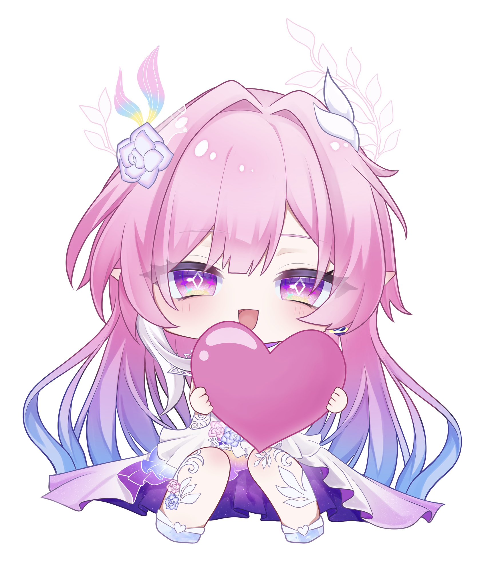 cyrene (honkai: star rail), cyrene (ripples of past reverie) (honkai: star rail), honkai: star rail, honkai (series), commentary, highres, symbol-only commentary, 1girl, aqua hair, chibi, chibi only, diamond-shaped pupils, diamond (shape), flower, gradient hair, hair flower, hair ornament, heart, holding, holding heart, long hair, looking at viewer, multicolored hair, open mouth, pink hair, pointy ears, purple eyes, simple background, sitting, smile, solo, symbol-shaped pupils, u7 u7u, very long hair, white background, white hair