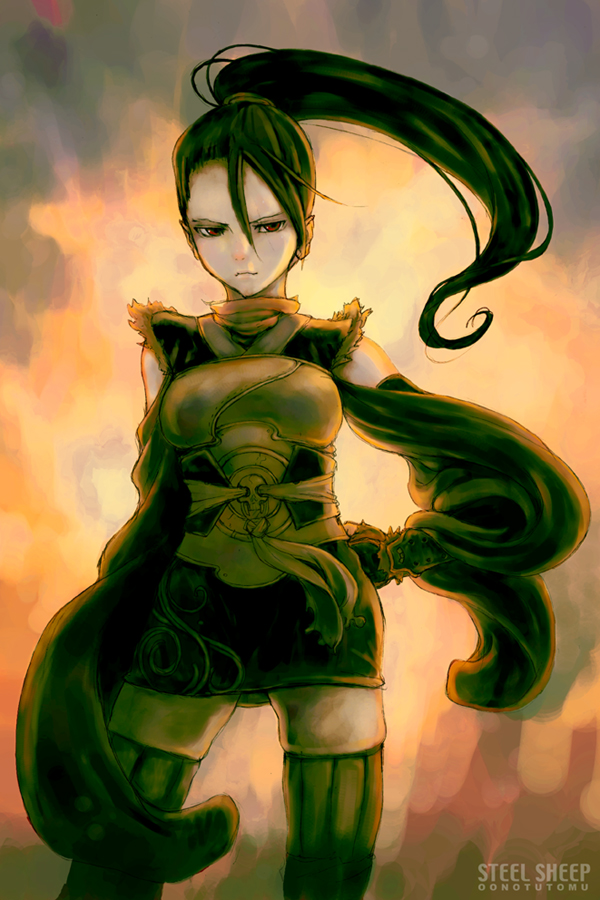 oono tsutomu, original, bad id, bad pixiv id, 1girl, armor, black hair, breasts, female focus, hand on own hip, hip focus, ninja, ponytail, red eyes, solo, thighhighs