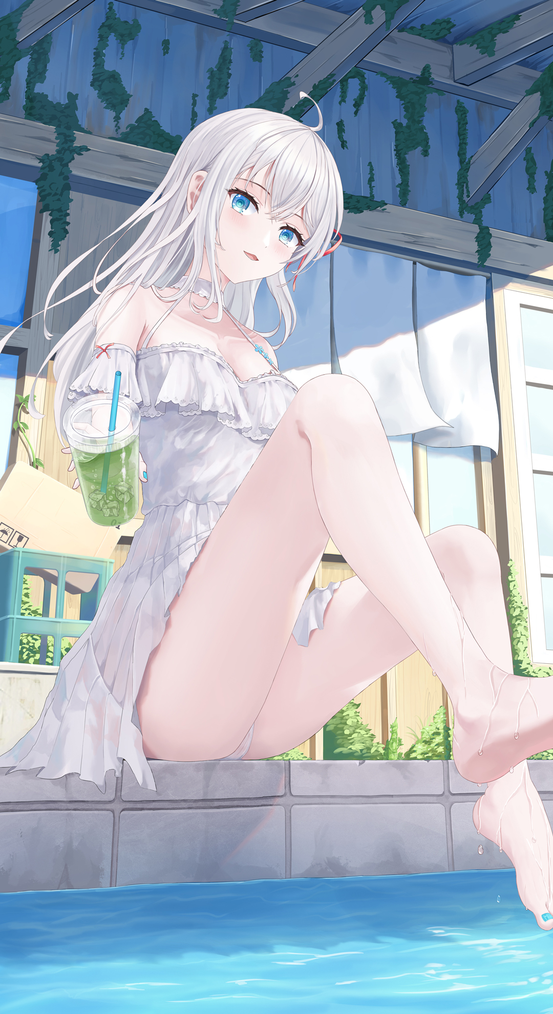 alisa mikhailovna kujou, tokidoki bosotto roshia-go de dereru tonari no alya-san, chinese commentary, commentary request, highres, partial commentary, 1girl, :d, ahoge, bare legs, bare shoulders, barefoot, blue eyes, blue nails, blush, cameltoe, crossed bangs, cup, day, disposable cup, dress, drinking straw, eyelashes, feet, frilled dress, frills, full body, hair between eyes, hair ribbon, halterneck, holding, holding cup, ice, ice cube, incoming drink, knees up, legs, long hair, looking at viewer, nail polish, open mouth, outdoors, panties, pleated dress, red ribbon, ribbon, ringed eyes, river, short dress, sitting, sleeveless, sleeveless dress, smile, soaking feet, solo, sundress, thighs, toenail polish, toenails, toes, underwear, user 3504221, water, water drop, white dress, white hair, white panties