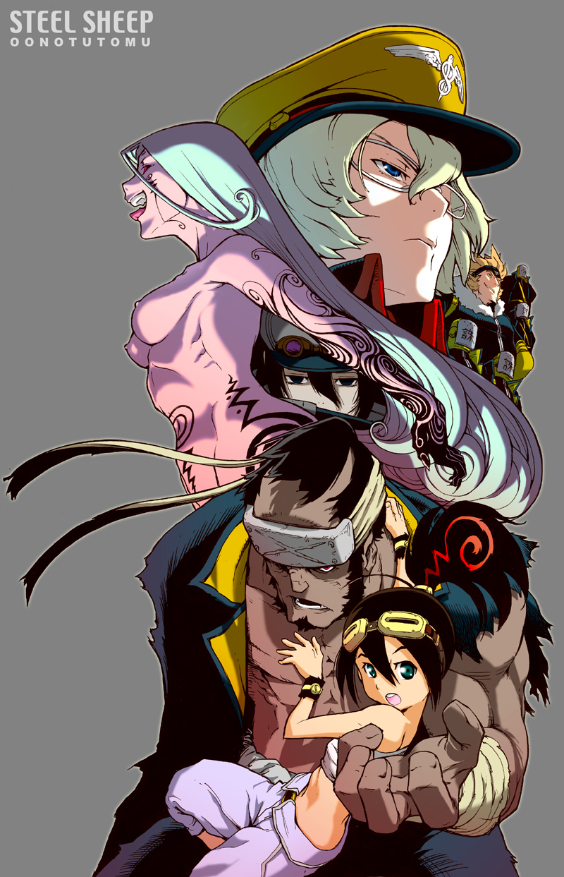 oono tsutomu, original, highres, 3boys, 3girls, breasts, multiple boys, multiple girls, tattoo
