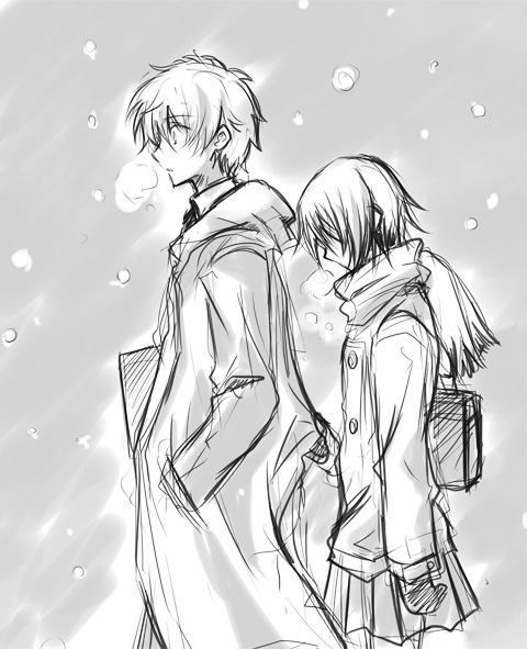 sasahara rena, kururugi suzaku, lelouch vi britannia, code geass, suzumiya haruhi no yuuutsu, 2boys, breath, crossdressing, crossdressing (mtf), greyscale, male focus, monochrome, multiple boys, parody, scarf, sketch, skirt, snow, surprised, yaoi