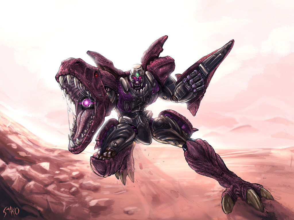 espen grundetjern, saiko, megatron, beast wars, transformers, armor, claws, dinosaur, laser, mecha, mecha focus, no humans, open mouth, purple eyes, robot, teeth, tyrannosaurus rex, weapon