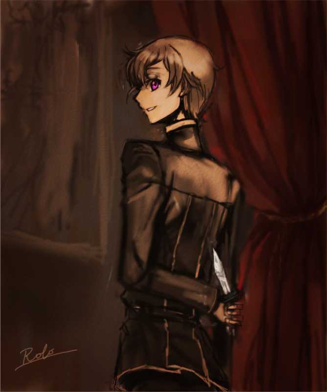 magukappu, rahit, rolo lamperouge, code geass, bad id, bad pixiv id, 00s, 1boy, brown hair, character name, gold trim, grin, high collar, knife, male focus, purple eyes, smile, solo, yandere