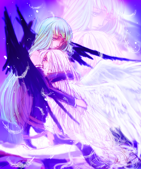 magukappu, rahit, c.c., v.v., code geass, bad id, bad pixiv id, 00s, 1boy, 1girl, angel wings, black wings, blonde hair, green hair, hetero, holding, hug, long hair, wings