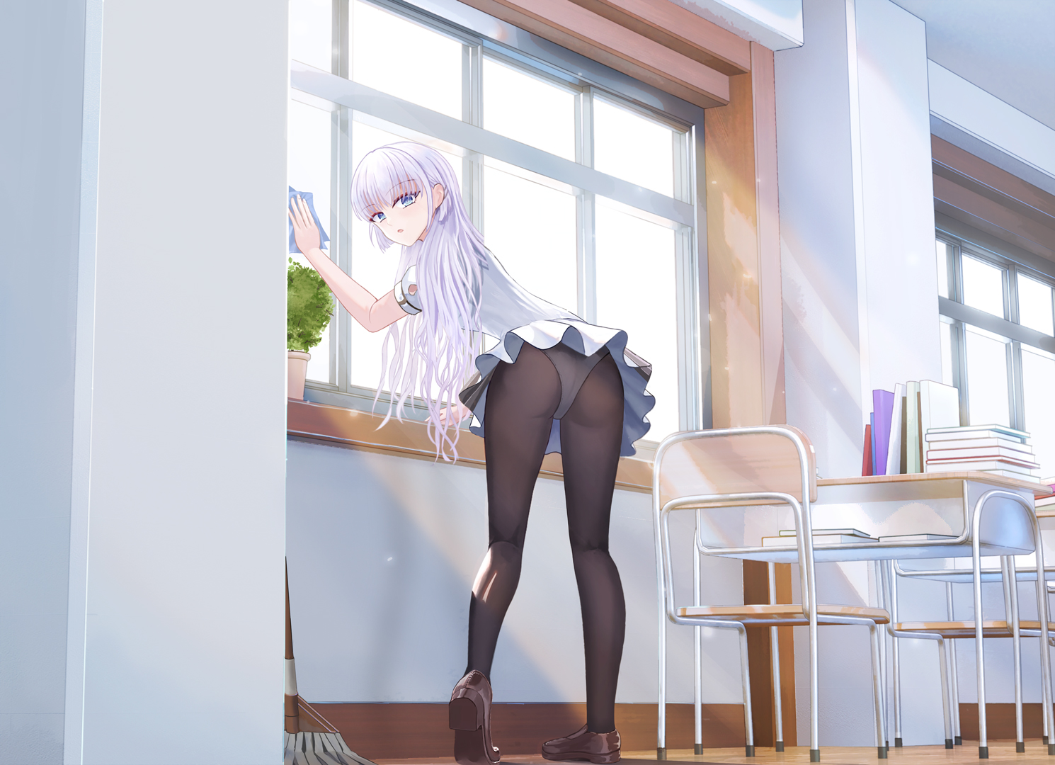 naruse shiroha, summer pockets, chinese commentary, commentary, 1girl, :o, ass, black pantyhose, blue eyes, brown shoes, classroom, day, from behind, full body, hair behind ear, hair between eyes, hair ornament, hairclip, hand up, indoors, kneepits, leaning forward, light rays, loafers, long hair, looking at viewer, looking back, miniskirt, open mouth, panties, panties under pantyhose, pantyhose, pantyshot, parallel hairclips, plant, pleated skirt, potted plant, school uniform, shirt, shoes, short sleeves, skirt, solo, standing, summer pockets school uniform, sunbeam, sunlight, tiptoes, underwear, user 3504221, very long hair, white hair, white panties, white shirt, white skirt, window, wiping