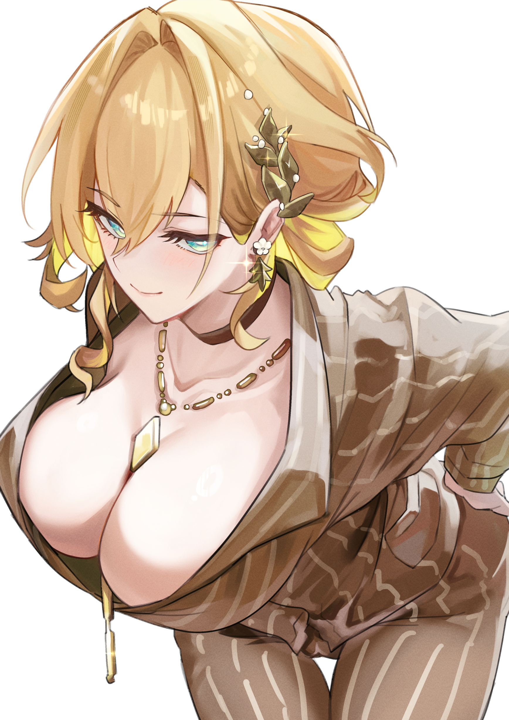 zawzawa, aglaea (fashion) (honkai: star rail), aglaea (honkai: star rail), honkai: star rail, honkai (series), absurdres, commentary, highres, 1girl, blonde hair, breasts, choker, cleavage, cowboy shot, earrings, formal clothes, green eyes, hair intakes, jewelry, large breasts, laurel crown, looking at viewer, necklace, official alternate costume, pants, shirt, short hair, solo focus, suit, white background