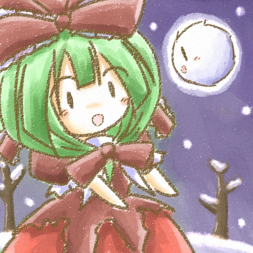 tilde (ice cube), kagiyama hina, kedama (touhou), touhou, bad id, bad pixiv id, lowres, 1girl, chibi, female focus, front ponytail, green hair, hair ribbon, ribbon, snow, solo, | |