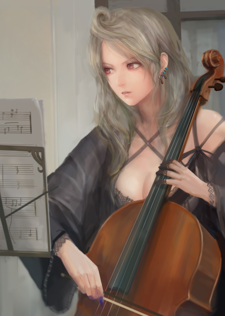 miche, original, bad id, bad pixiv id, highres, 1girl, artistic error, beamed quavers, blonde hair, cello, crotchet rest, earrings, female focus, fingernails, instrument, jewelry, lips, long fingernails, music stand, musical note, nail (hardware), purple eyes, realistic, sheet music, solo