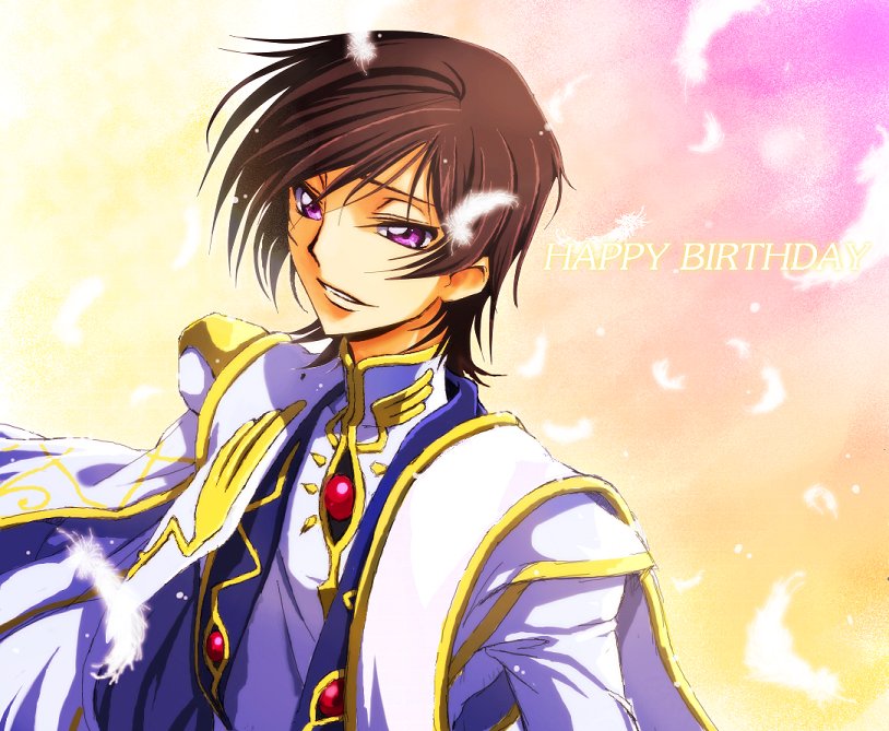 magukappu, rahit, lelouch vi britannia, code geass, bad id, bad pixiv id, 00s, 1boy, black hair, english text, feathers, gradient background, male focus, pink background, purple eyes, short hair, simple background, solo, wind, yellow background