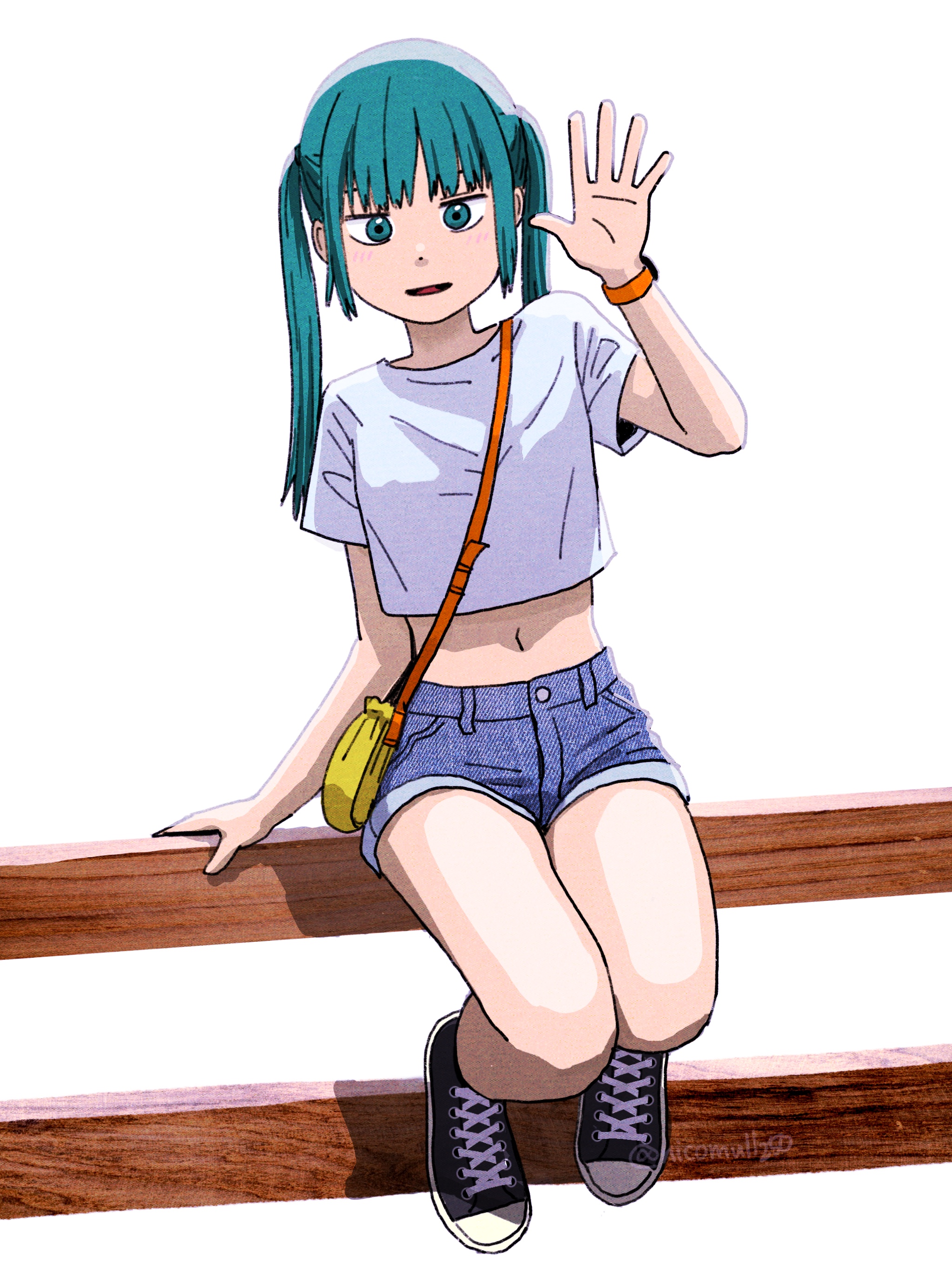 nicomull250, converse, original, absurdres, commentary, highres, 1girl, aqua eyes, aqua hair, bag, blue shorts, cropped shirt, denim, denim shorts, looking at viewer, midriff, navel, shirt, short shorts, shorts, shoulder bag, sitting on fence, solo, twintails, watch, white shirt, wristwatch