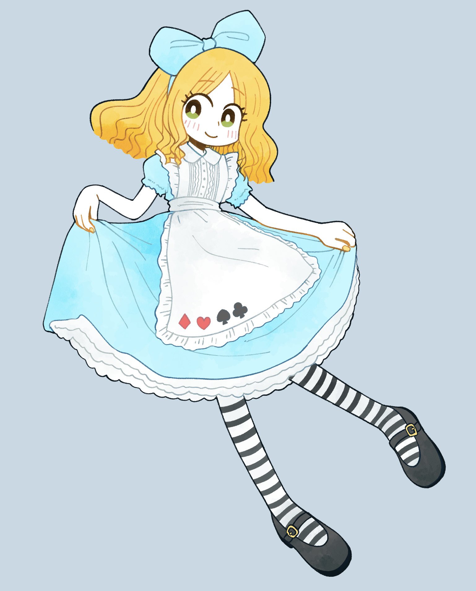 alice (alice in wonderland), alice's adventures in wonderland, highres, 1girl, apron, blonde hair, blue bow, blush, bow, club (shape), diamond (shape), dress, frogshu, full body, grey background, heart, looking at viewer, mary janes, pantyhose, shoes, skirt hold, smile, solo, spade (shape), striped clothes, striped pantyhose, white apron