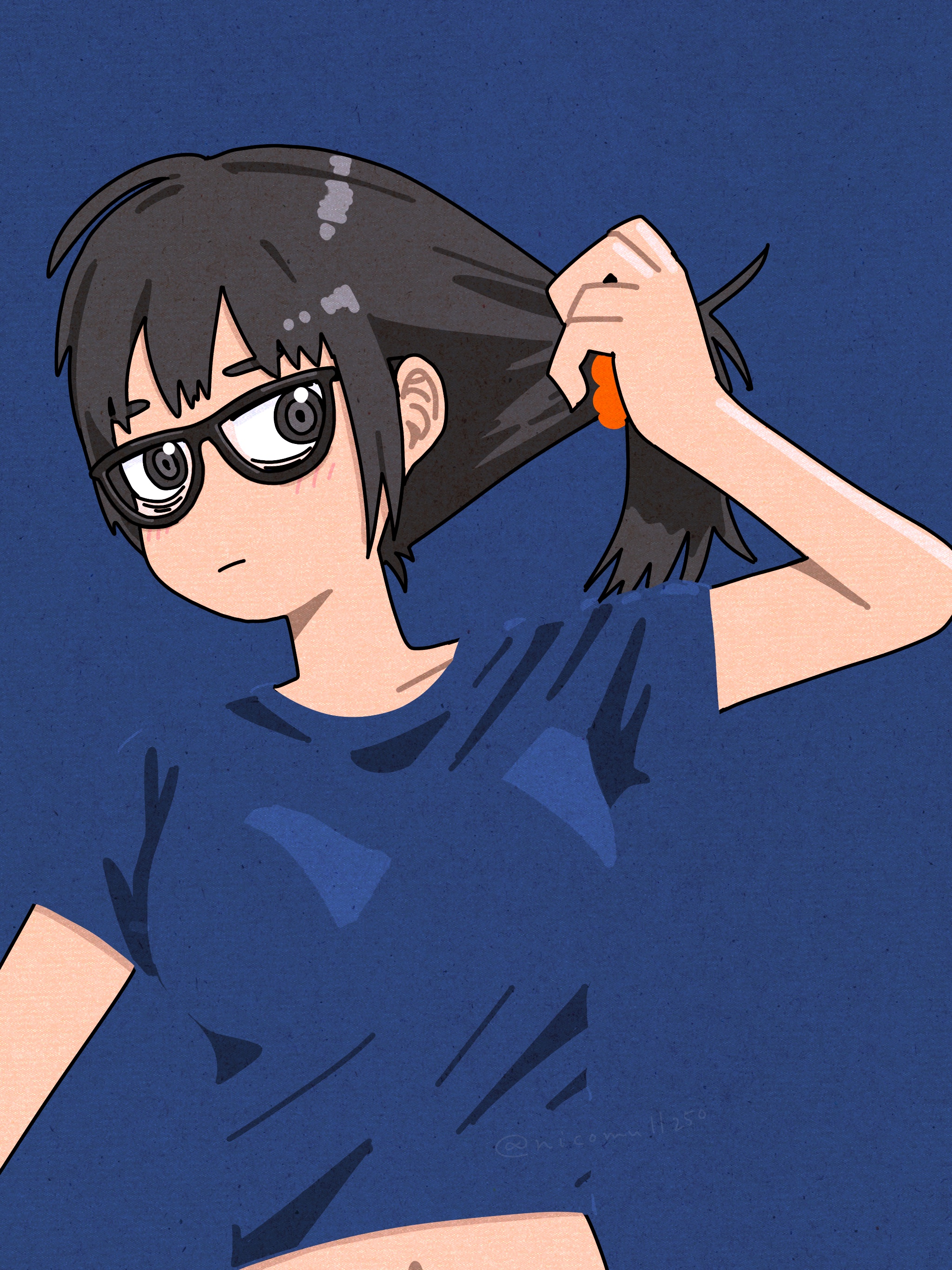 nicomull250, original, absurdres, commentary request, highres, 1girl, adjusting hair, black-framed eyewear, black eyes, black hair, blending, blue background, blue shirt, blue theme, collarbone, glasses, looking at viewer, midriff, navel, shirt, solo