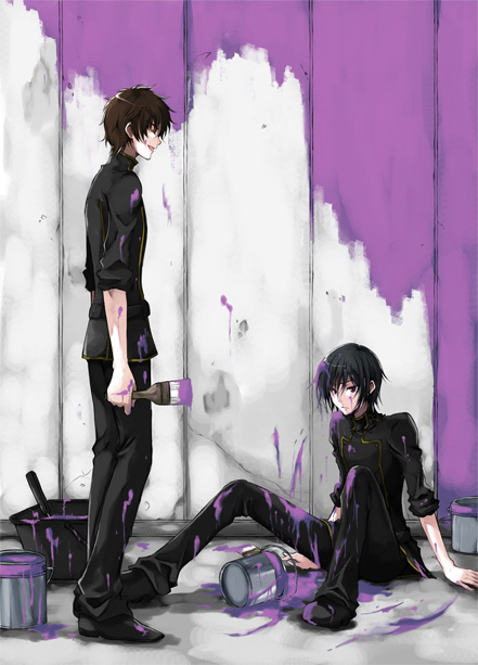 rena222, sasahara rena, kururugi suzaku, lelouch vi britannia, code geass, bad id, bad pixiv id, 00s, 2boys, brown hair, laughing, male focus, multiple boys, paint, paintbrush, purple theme, smile, trim brush