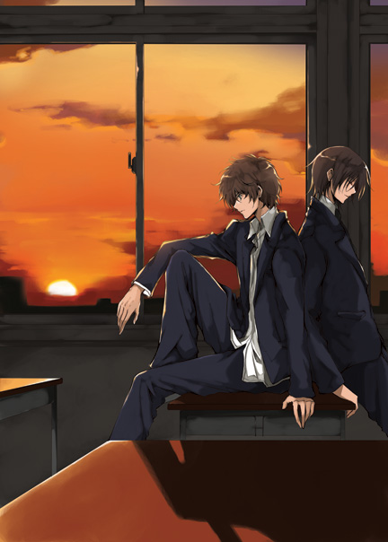 rena222, sasahara rena, kururugi suzaku, lelouch vi britannia, code geass, bad id, bad pixiv id, 00s, 2boys, male focus, multiple boys, school uniform, sunset