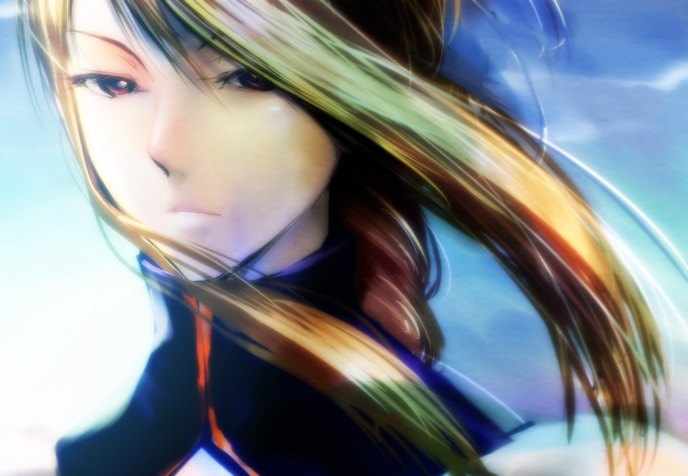 puyo (puyotopia), agrias oaks, final fantasy, final fantasy tactics, 1girl, blonde hair, braid, close-up, female focus, long hair, red eyes, solo