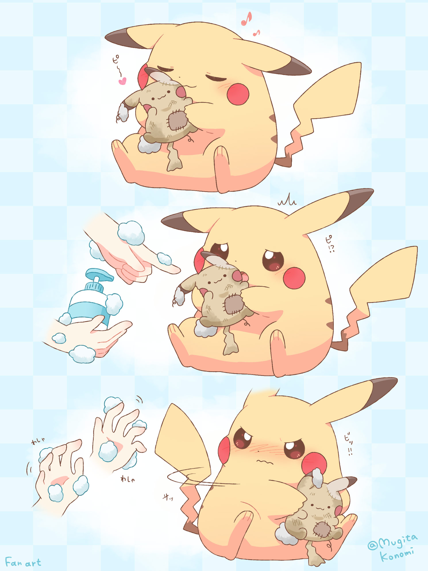 mugita konomi, pikachu, nintendo, pokemon, commentary request, highres, 1other, :3, artist name, blue background, blush, brown eyes, character doll, checkered background, closed eyes, closed mouth, disembodied hand, doll, gen 1 pokemon, holding, holding doll, open mouth, pokemon (creature), smile, soap, stuffed toy