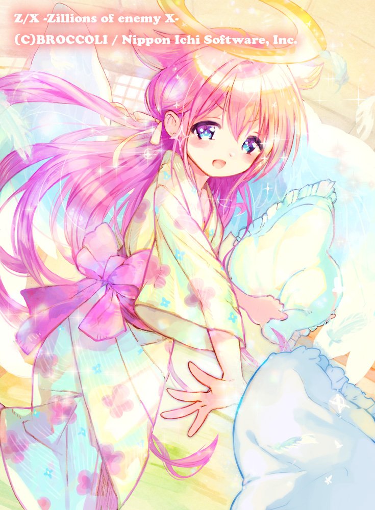 372, z/x, official art, 1girl, bath yukata, blue eyes, copyright notice, feathers, floral print, hair ribbon, halo, holding, holding pillow, indoors, japanese clothes, kimono, long hair, marie (z/x), open mouth, pillow, pillow fight, pink hair, ribbon, solo, sparkle, throwing, traditional halo, white feathers, yellow ribbon, yukata