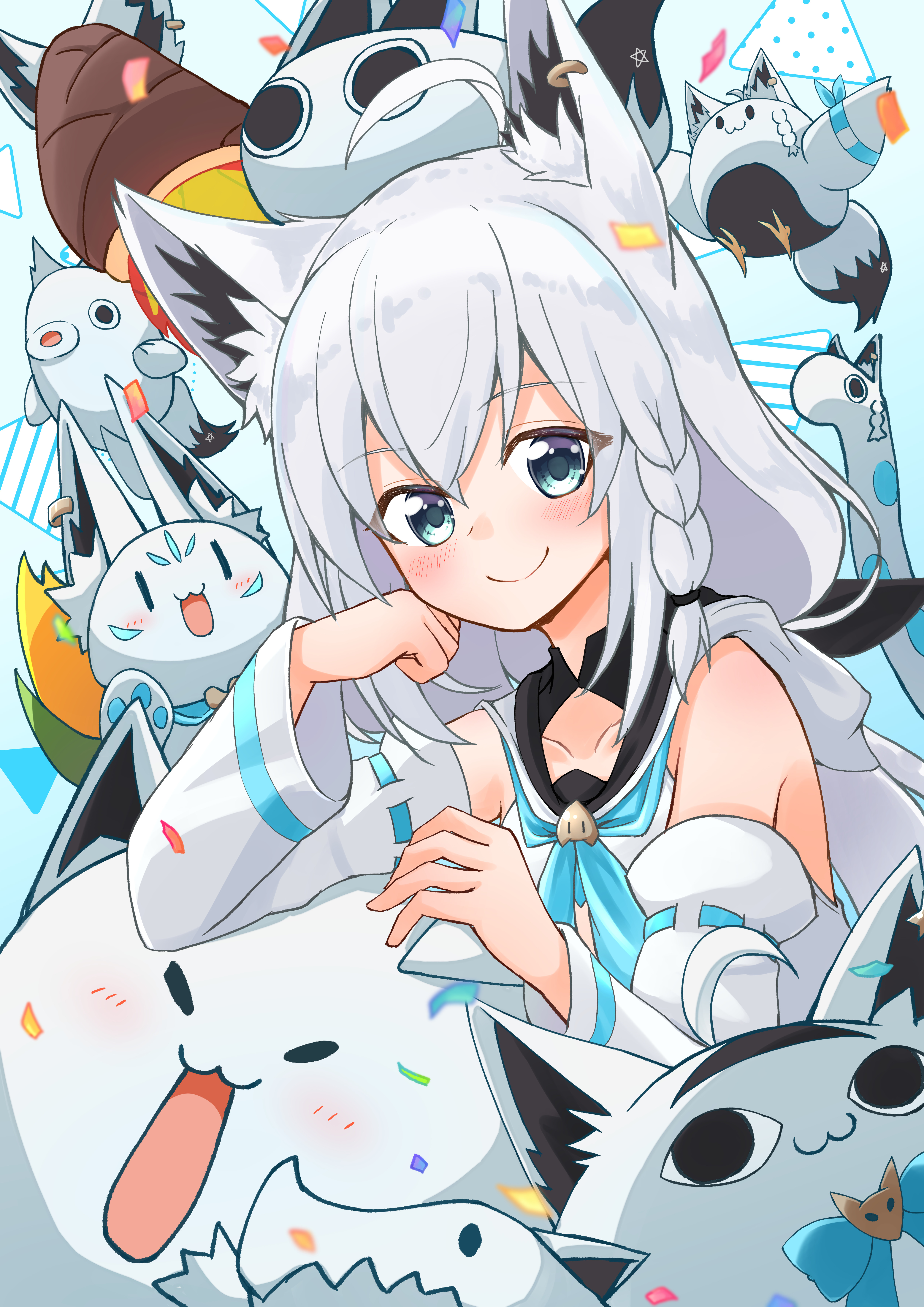 aaru (r platinum), miteiru (shirakami fubuki), shirakami fubuki, shirakami fubuki (1st costume), sukonbu (shirakami fubuki), hololive, absurdres, highres, 1girl, ahoge, animal ear fluff, animal ear piercing, animal ears, aqua eyes, aqua neckerchief, braid, collarbone, detached sleeves, fox, fox ears, fox girl, long hair, long sleeves, looking at viewer, neckerchief, pentagram, shirt, very long hair, virtual youtuber, white hair, white shirt
