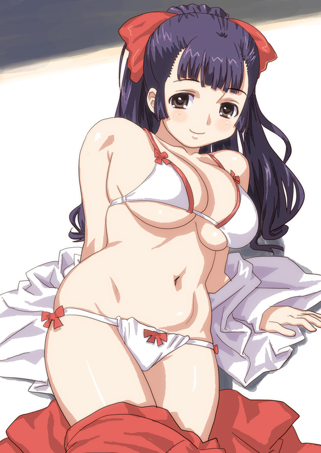 hirose (mokiki), original, bikini, bow, breasts, brown eyes, hair bow, japanese clothes, large breasts, long hair, miko, navel, purple hair, smile, solo, swimsuit, white bikini